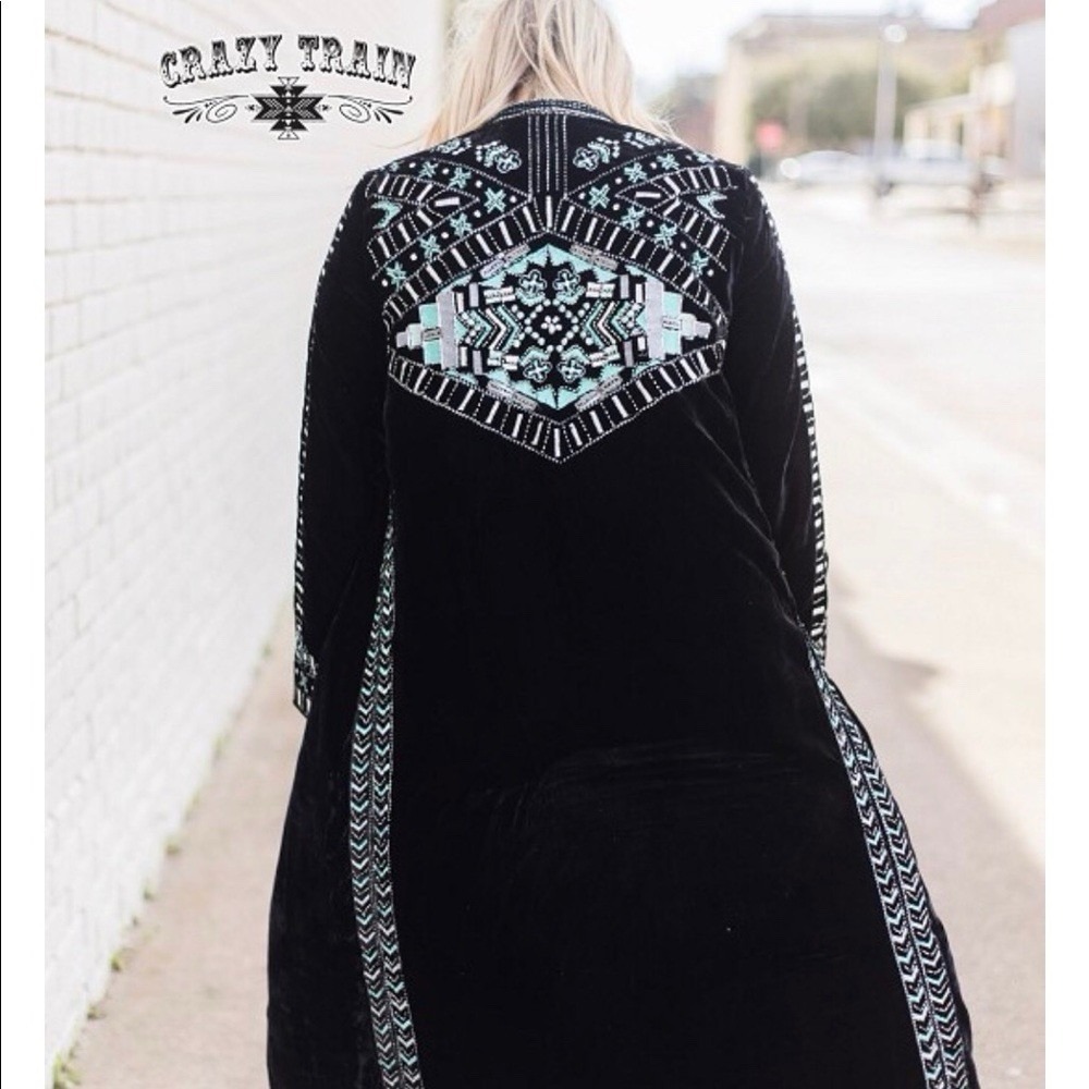 Crazy Train Womens Large The Strait Velvet Duster Jacket Black Turquoise